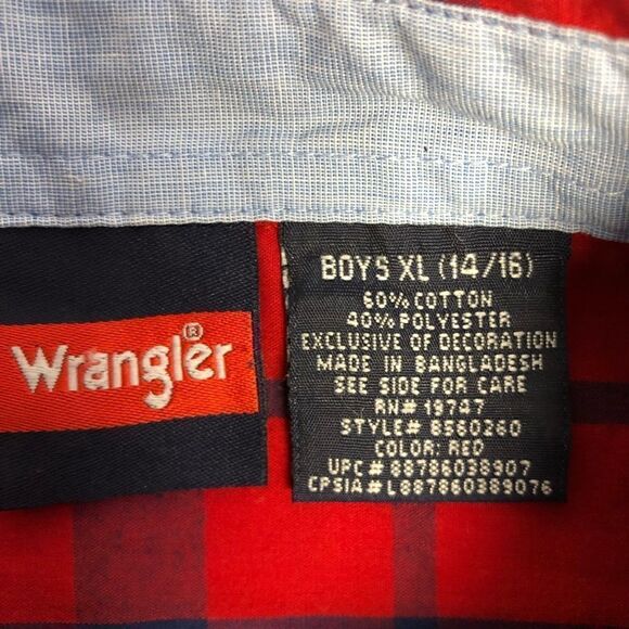 Wrangler Boys Red & Blue Plaid Button Up Shirt, Size XL 14-16 - Picture 5 of 7